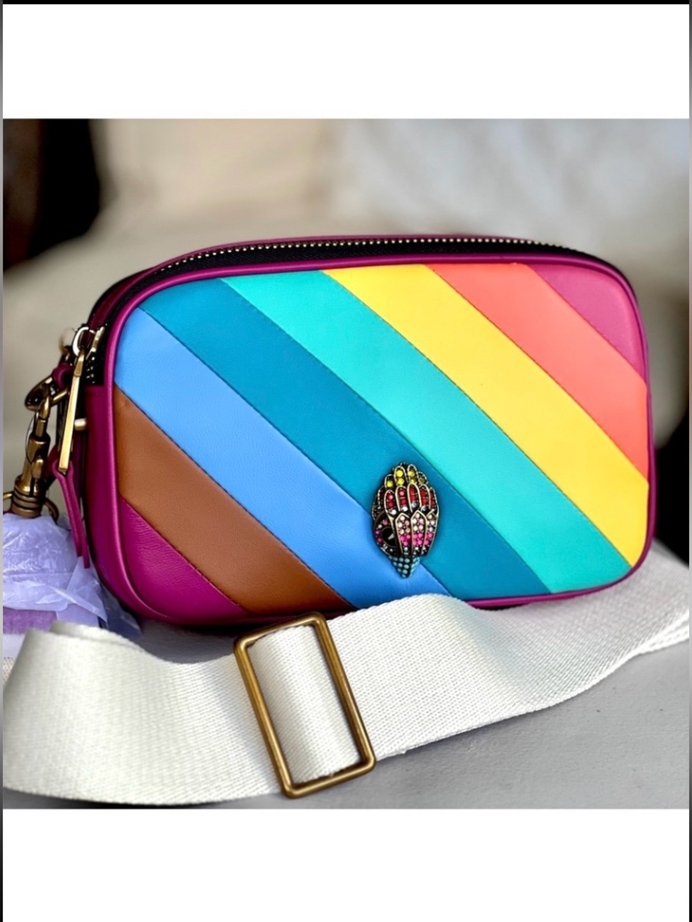 Kurt Geiger Kensington Rainbow 2 zip Camera Crossbody bag wide strap NWT